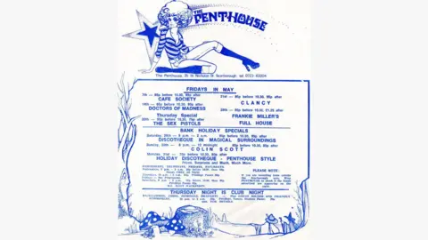 Mat Watkinson A vintage blue-and-white flyer advertises events at “The Penthouse” in Scarborough, featuring live music and discotheque nights.