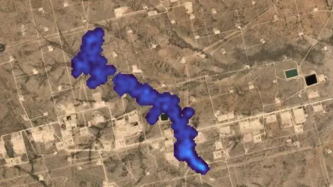 Carbon mapping a satellite image showing a methane pen, represented by a blue cloud