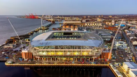 PA Media An aerial view as construction work continues on the site of Everton football club's new stadium, Bramley-Moore Dock, Liverpool