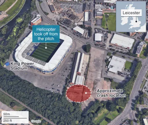 A map showing King Power Stadium, where the helicopter took off from and the approximate crash location