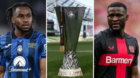 Ademola Lookman and Victor Boniface in their respective club kits either side of the Europa League trophy