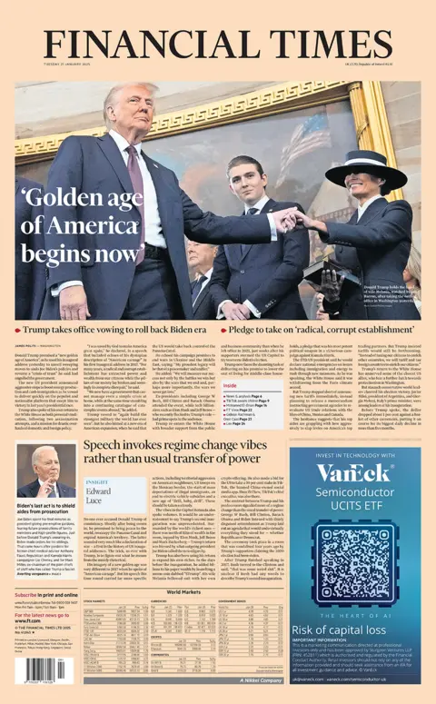 The headline in the Financial Times reads: "'America's golden age begins now'", 