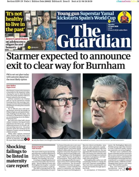 The front page headline of the Guardian reads 'Starmer expected to announce exit to clear way for Burnham'
