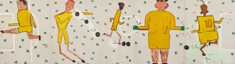 Rose Wylie/David Zwirner Painting shows five footballers playing in yellow kit