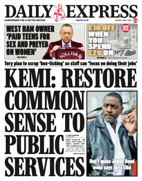 The headline on the front page of the Daily Express reads: “Kemi: Restore common sense to public services”.