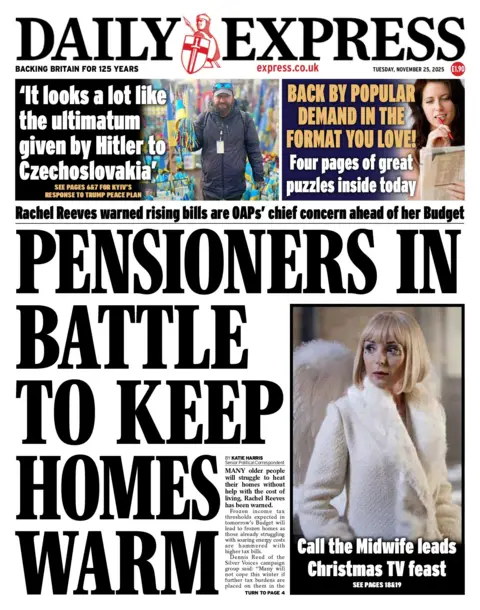 Rachel Reeves warned rising bills are OAPs' chief concern ahead of her Budget," reads the headline on the front page of the Daily Express.