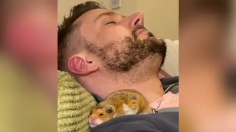 Chris Davies Chris lies back on his sofa, with Popcorn the hamster cuddled into his neck. They both appear to be sleeping.