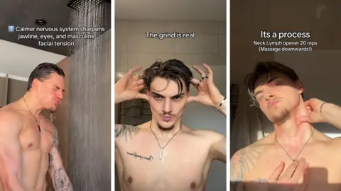 @marv.maxed Marvin's facial routine. Three images of a man, one as he takes a cold shower and the other two rubbing his face.