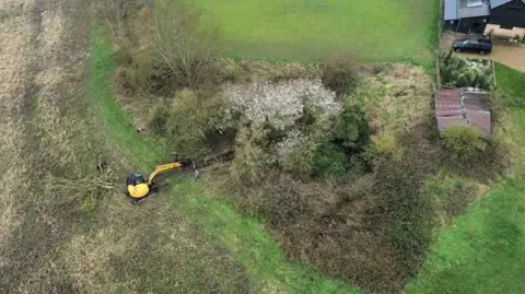 Jamie Niblock/BBC An aerial shot showing an area of woodland and shrubs at the edge of a field which was once a pond