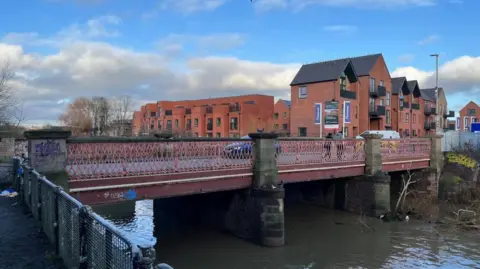 A copper-coloured bridge is pictured over a river.