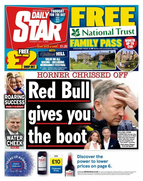 "Red Bull gives you the boot" is the headline on the front page of Thursday's Daily Star.