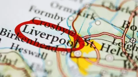 Google Map of the Liverpool City Region, with Liverpool ringed in red pen.