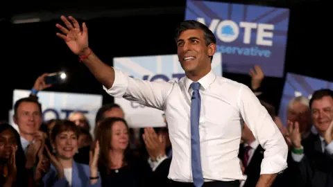 Rishi Sunak waving amidst a crowd of people during his 2024 election campaign at London's Excel centre