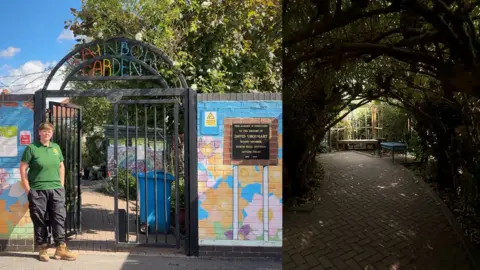 Emma Jenkins stands outside The Rainbow Garden. Cut out is the view under willow tunnel featured in the video.