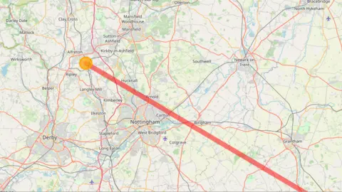 Space Park Leicester A map of the East Midlands with a line that shows the trajectory of the fireball and the area that it is understood to have landed