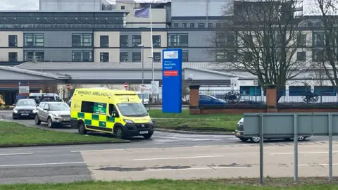 An ambulance leaving the Royal Derby Hospital