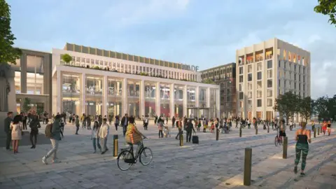 Derby City Council A mock-up of the proposed redevelopment showing a refreshed market place and new buildings in the background.