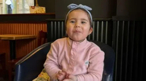 Handout Louisa "Lulu" Palmisano, three, wearing a pink fleece and a blue bow in her brown hair, sits on a black leather chair in a restaurant and smiles at the camera.