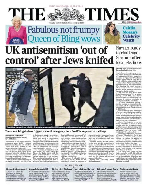 The headline on the front page of the Times reads: "UK antisemitism 'out of control' after Jews knifed."