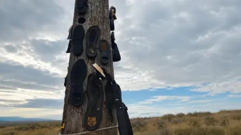 A close-up of a wooden beam which is upright in grassy sand dunes. Over seven black shoe soles have been nailed to the wood on the visible side. The wood is scored and appears to be well weathered.