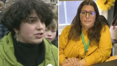 On the left is an image of Maria Wilby speaking to the BBC in 1995 wearing a black jumper and light green coat. On the right is a photo of her in 2023 wearing glasses and a yellow blouse.