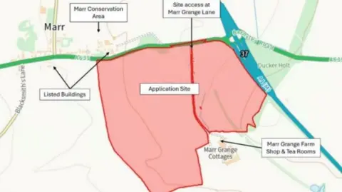 City of Doncaster council A map outlining the site for the planning application. An area is marked out in red representing the site. 