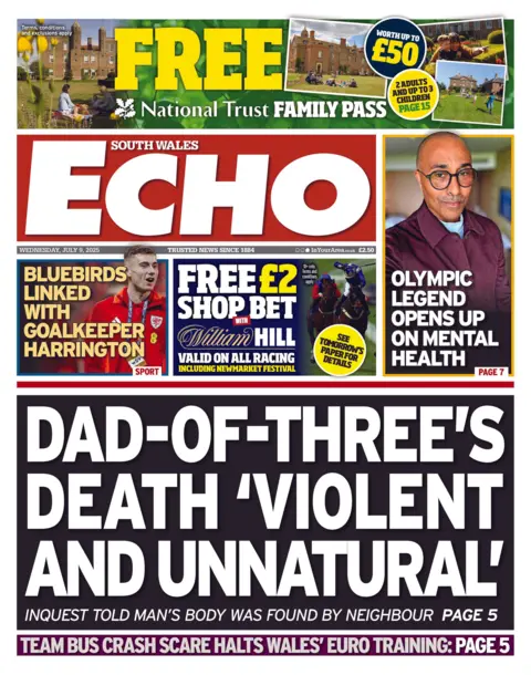 South Wales Echo South Wales Echo front page which leads with headline Dad-of-three's death 'violent and unnatural' 