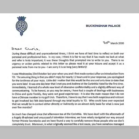 A copy of a letter on Buckingham Palace notepaper