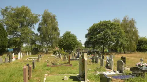 Image of a cemetery with big trees in the background.