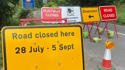 Red, yellow and white signs signifying that a road is closed for six weeks