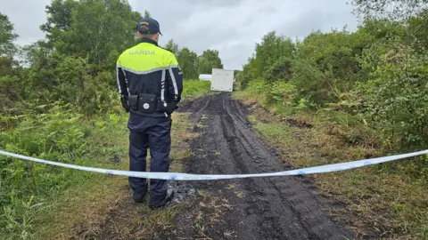 RTÉ A man stood facing away from the camera, wearing a Garda navy and hi viz yellow uniform. He is stood on a dirty path with lots of vegetation. There is white police tape closing off the route.