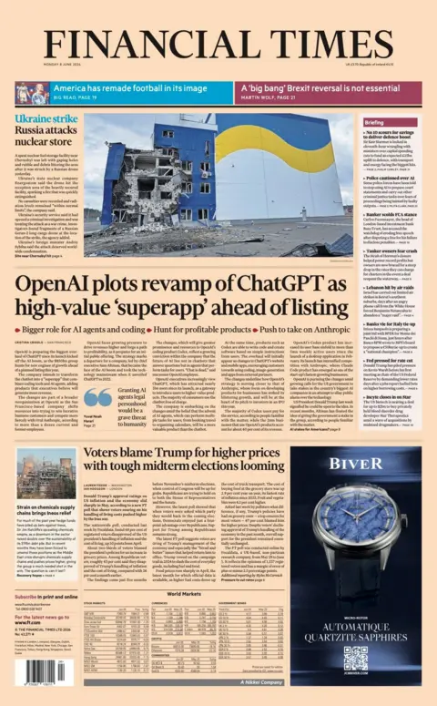 The headline on the front page of the Financial Times reads: "OpenAI plots revamp of ChatGPT as high-value 'superapp' ahead of listing." 