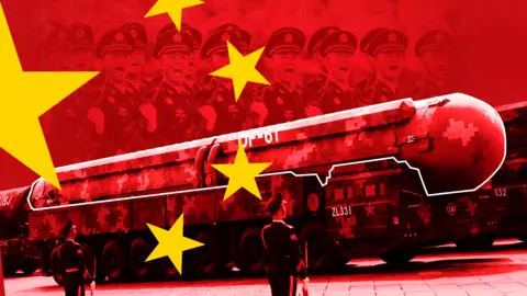 Getty Images A treated image showing China's DF-61 missile, with soldiers from the parade superimposed in the background. The image is treated with a red wash and the yellow stars of China's flag. 
