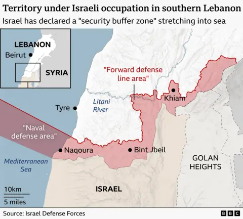 Map showing territory under Israeli occupation in southern Lebanon and Israeli-declared "forward defense line area"