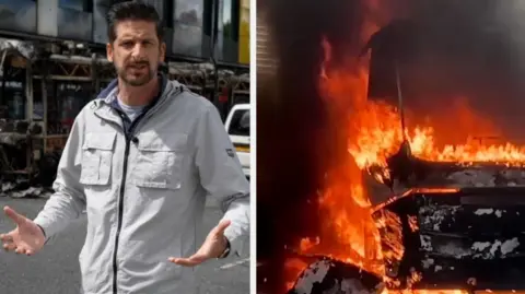 Dan Johnson split screen with burning car