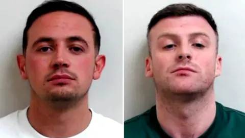 Police Scotland Police mugshots of two men, one in a white t shirt and the other in green