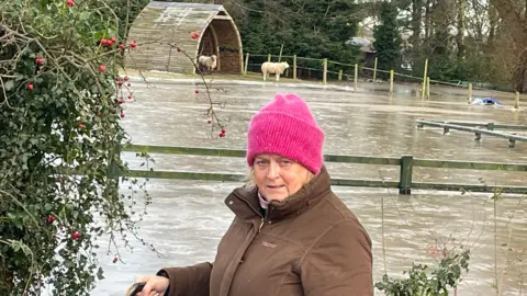 Woman wearing a pink woolly hat and brown coat stood in front of a flooded field. Two sheep are in the background on a small piece of grass sheltering in a small wooden oval barn. 