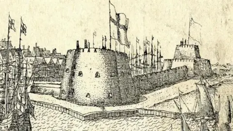 Hull Maritime A black and white etching of a Tudor castle with two large turrets and a wall defending a river harbour. Large flags fly from the tops of the turrets and the masts of ships can be seen.