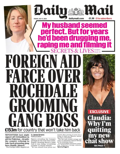 "Foreign aid farce over Rochdale grooming gang boss," reads the headline on the front page of the Daily Mail. 