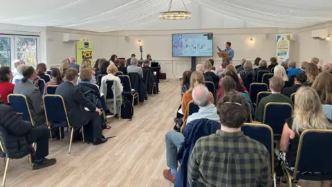 A view of the symposium from the back of the room. Many are sitting down while one man is giving a presentation on a screen in front of them.