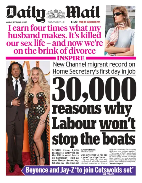 The headline on the front page of the Daily Mail reads: "30,000 reasons why Labour won't stop the boats". 