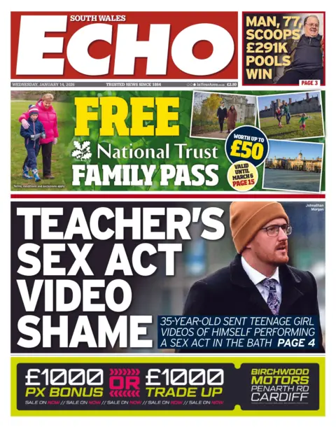 South Wales Echo South Wales Echo front page. Headline is: Teacher's sex act video shame