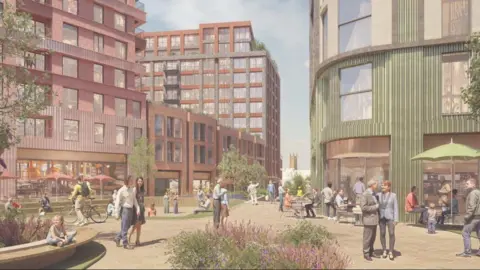 Derbion An artist's impression on how the development could look in the future with people and new flats.