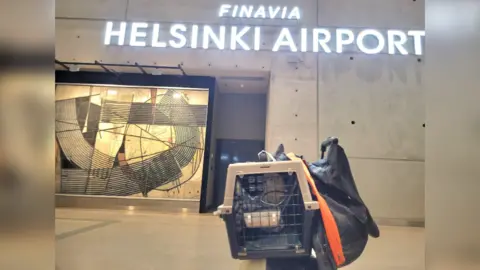 A photo of a ferret on a hammock in his cage, which is rested on top of a suitcase. There is a lit up sign at the top of the photo reading "Finavia" and "Helsinki Airport".