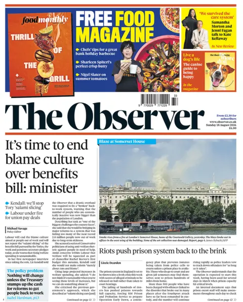 Observer front page, the main headline reads "It's time to end blame culture over benefits bill: minister"