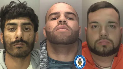 West Midlands Police A composite image of three men's mugshots. Iranveer has black hair with black facial hair, Stephen has very short brown hair with brown facial hair, and Kye has short dark brown hair and facial hair