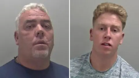 Warwickshire Police Two mugshots of two men. On the left the man has white hair and white facial hair and is wearing a navy t-shirt and the other man has strawberry blonde hair with a grey t-shirt