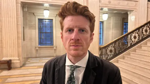 Matthew O'Toole is standing on the hallway at Stormont. A grand marble staircase is behind him. He's hair is auburn and styled up at the front. he's wearing a black suit with a white shirt and a tie with a flower design.