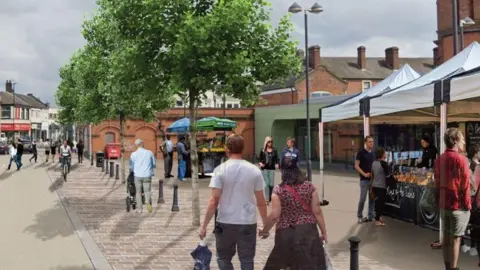 Stoke-on-Trent City Council An artist's impression of a revamped public square. It shows an outdoor market, with people walking about a tree-lined area.