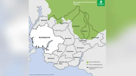 Plymouth City Council A map showing the current boundary of Plymouth City Council and the proposed new boundary which takes in 13 extra parishes.